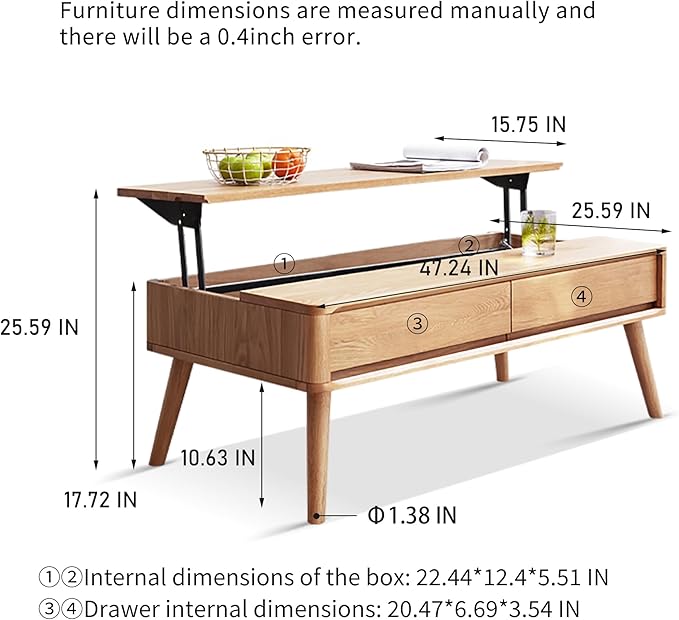 QKFF Wood Lift Top Coffee Table, 100% Solid Oak Wood Small Rising Dining Center Tables with Storage Shelf and Hidden Compartment for Living Room 48D x 26W x 26H