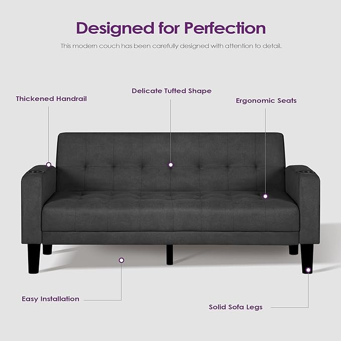 TYBOATLE Sofa Couch, Living Room Furniture Sectional Sofa Sets 2 Pcs, Tufted Mid-Century Loveseat w/USB, Cupholders & Comfy Single Sofa for Small Space, Apartment, Office (Dark Grey)