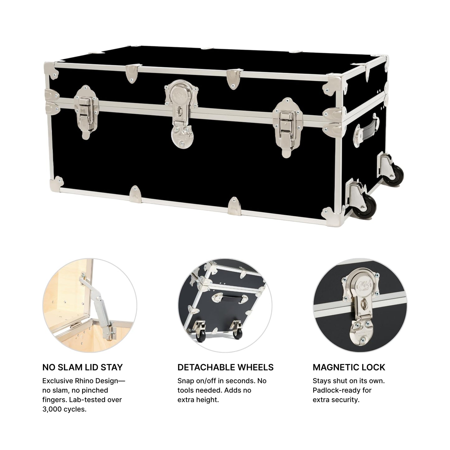 Rhino Trunk & Case Classic Camp & College Trunk with Wheels. 30"x17"x13", 1500+ lbs Capacity - Many Colors, Soft-Close Lid. Strong, USA Made Summer Camp Footlocker and Secure Dorm Storage Chest
