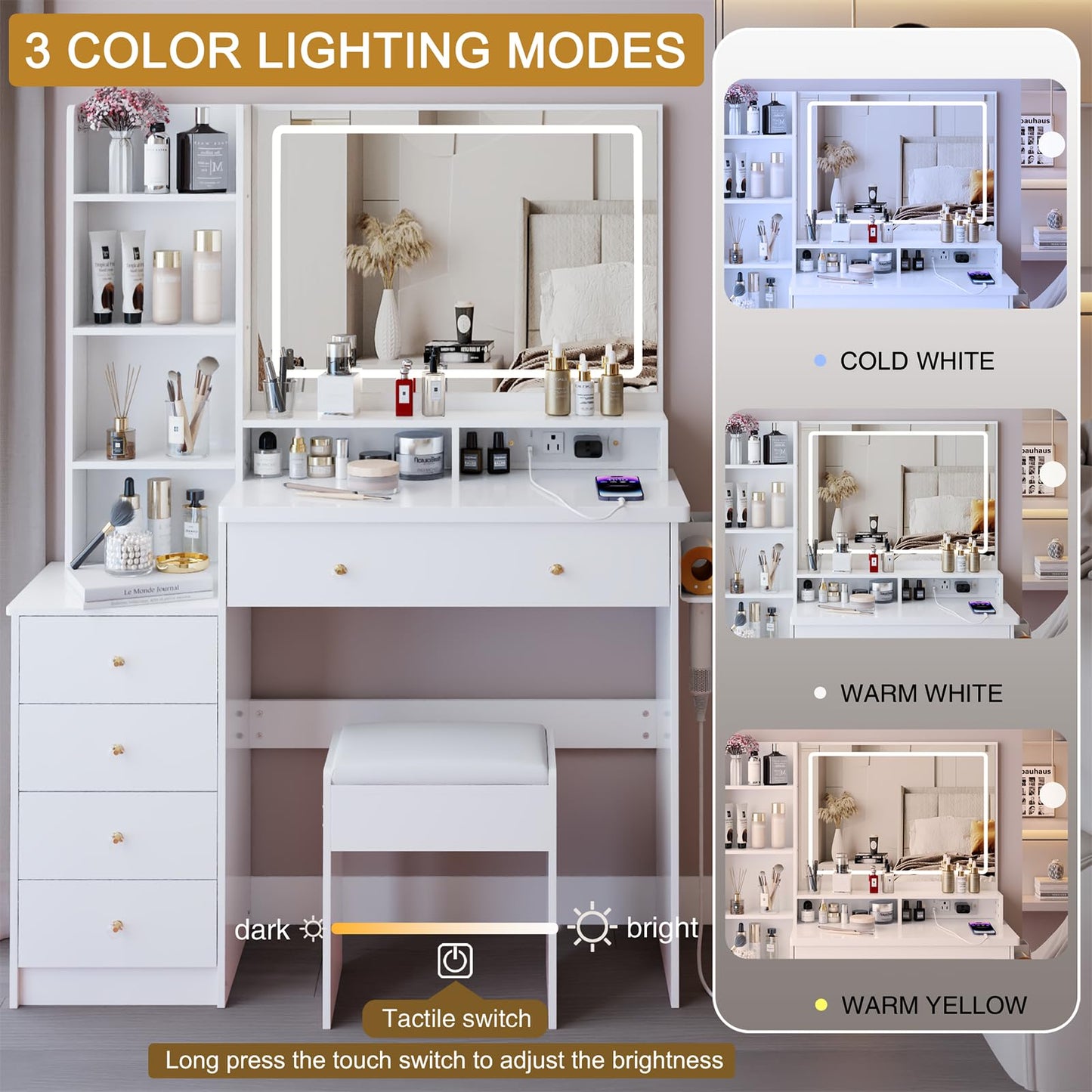 ESENATI Vanity Desk with Mirror and Lights,Makeup Vanity with Power Outlet,Hair Dryer Rack,5 Drawers,Storage Shelves,3 Light Modes Adjustble Brightness,Dressing Table with Stool for Bedroom,White
