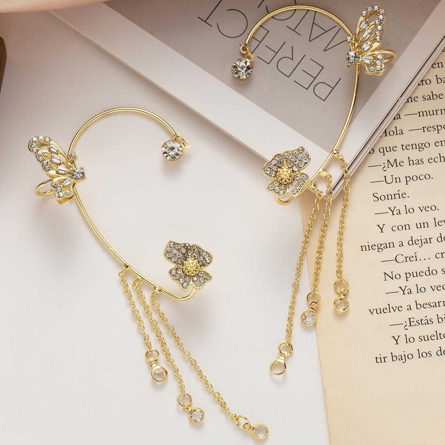 MelleFlarynsun 2Pcs Butterfly Tassel Style Zircon Earrings Ear Cuff for Women Gold Tassel Earrings Non Pierced Flower Wrap Around Ear Clips Fairy Earring Butterfly Dress Jewelry