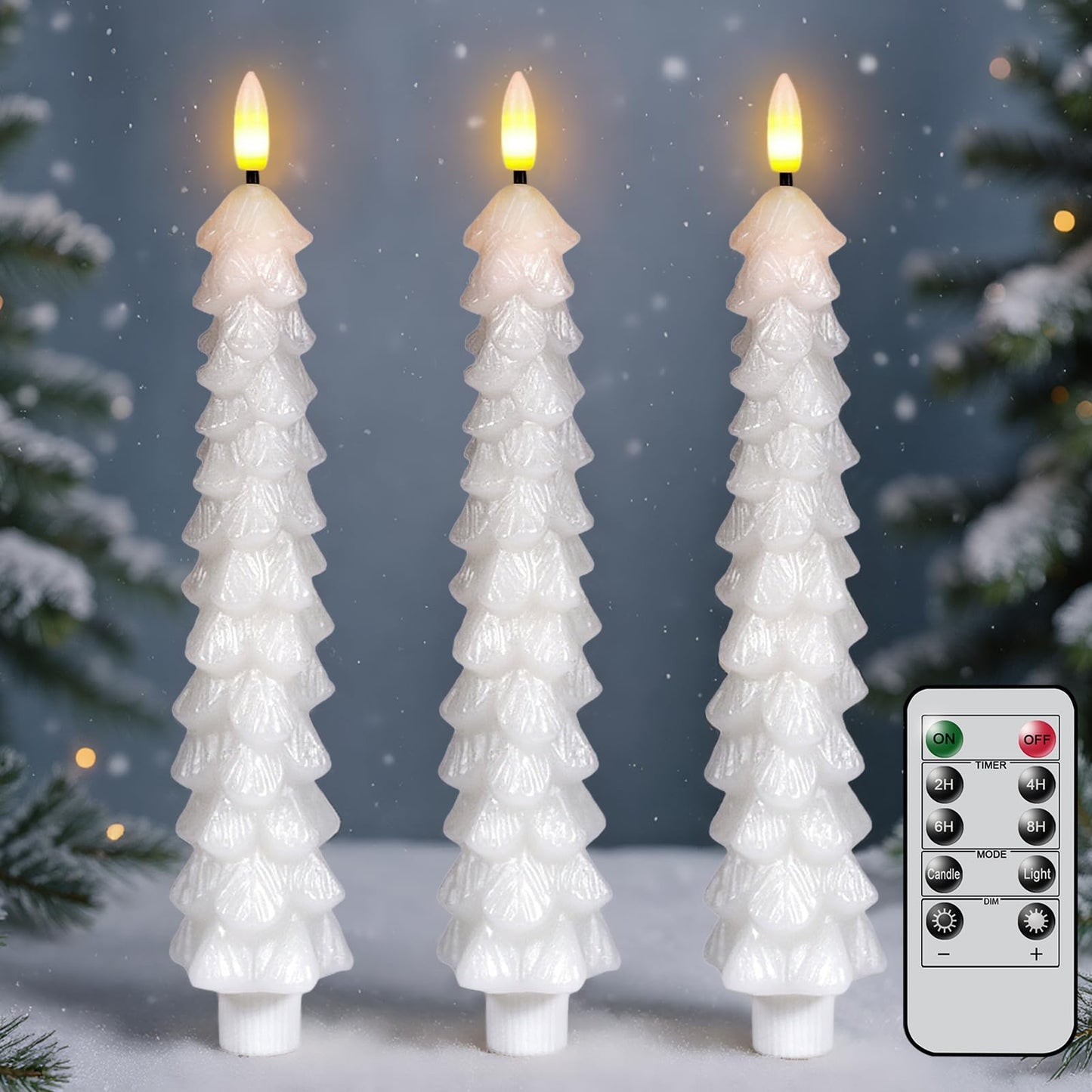KunSwenn Christmas Tree Candles Battery Operated with Remote, Waxy White Christmas Flameless Tree Taper Candles with Flickering Flame, Set of 3 Winter LED Candlesticks for Xmas Home Decor(0.78”x9.8”)