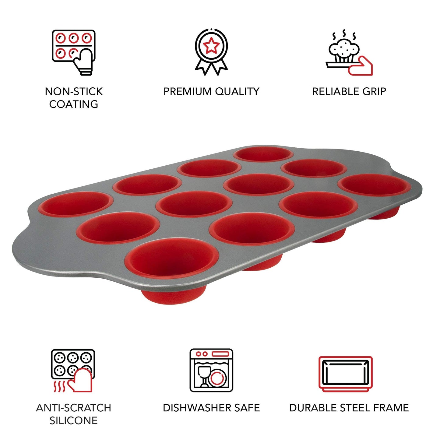 Boxiki Kitchen Non-Stick 12 Cup Silicone Muffin Pan With Steel Frame - BPA Free, Non-Toxic, Anti-Warp, Durable & Easy to Pop Silicone Muffin Tin - Perfect Cupcake Pan