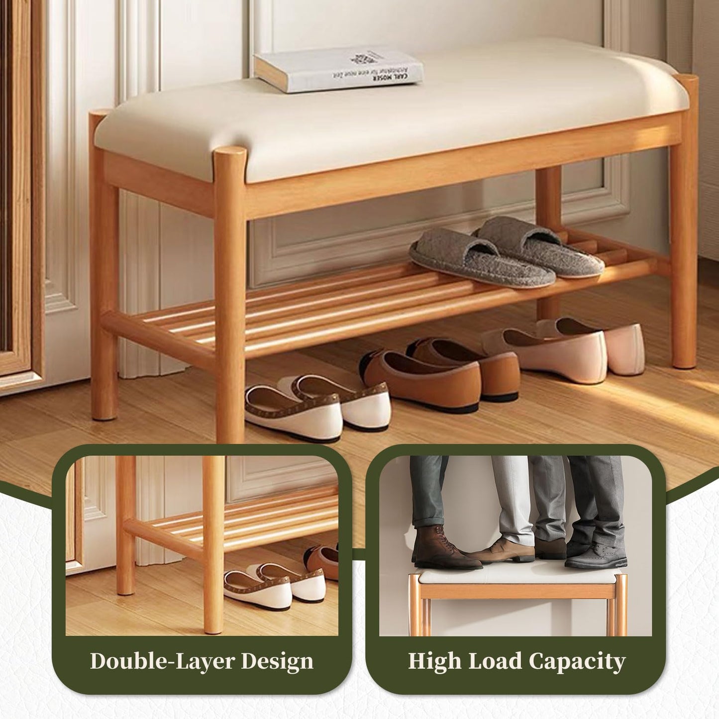 Buzleer Solid Wood Shoe Bench with Cushion, 2-Tier Shoe Rack for Front Door Entrance, Enterway Benches with Shoe Storage (Natural, 39.4in)