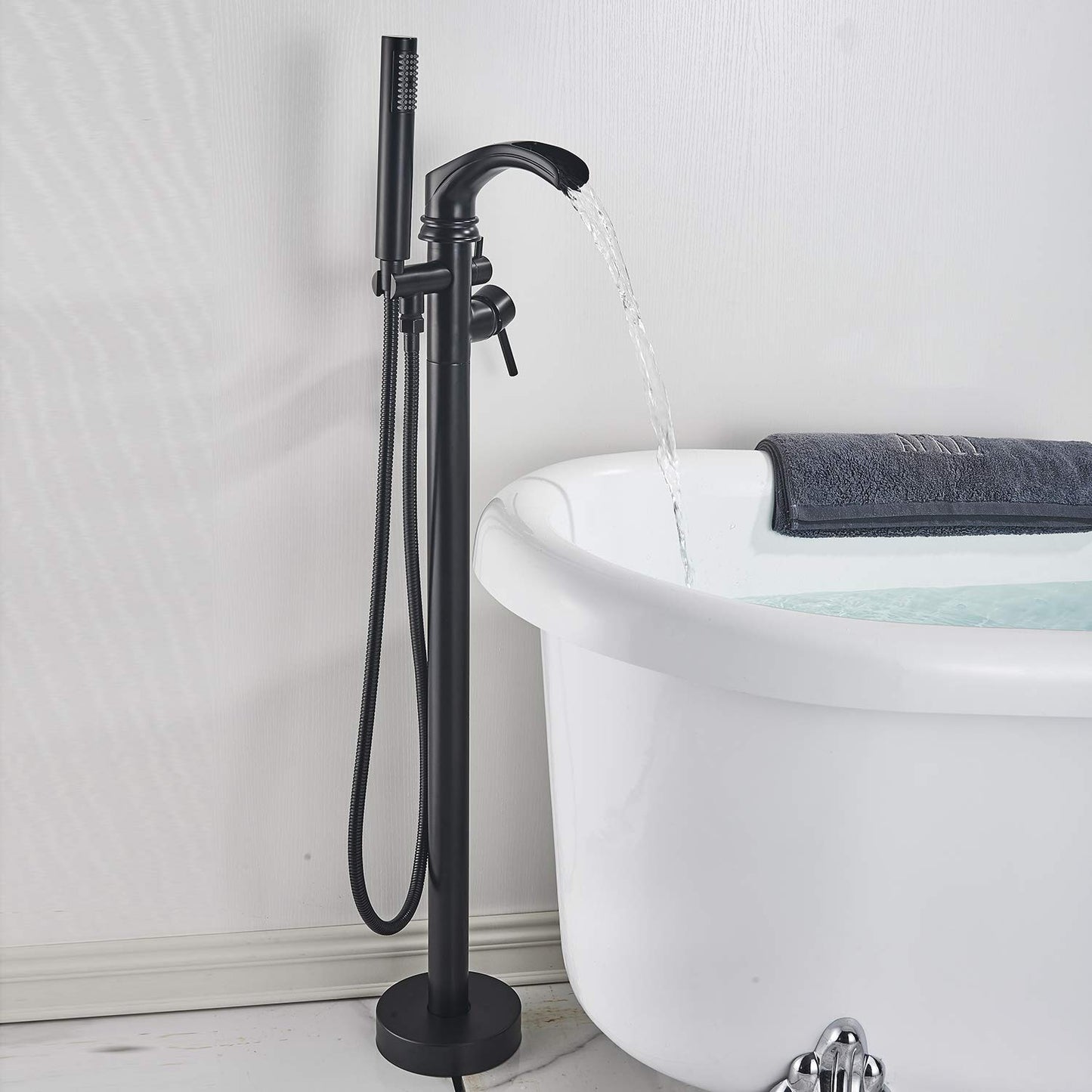 Senlesen Black Freestanding Bathtub Shower Mixer Taps Floor Mounted Single Handle Clawfoot Tub Filler Shower Faucets with Hand Sprayer