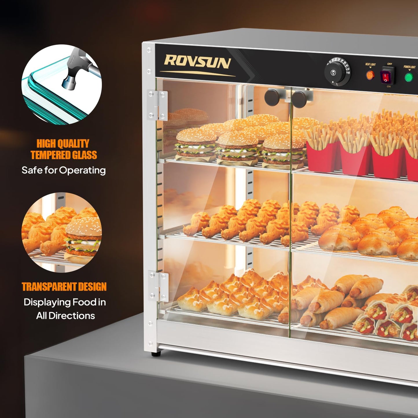 ROVSUN 3-Tier Commercial Food Warmer, 27" Pizza Warmer Food Warmer Display with LED Adjustable Lighting Glass Door Removable Shelves, Countertop Electric Food Warmer for Buffet Restaurant 110V 800W