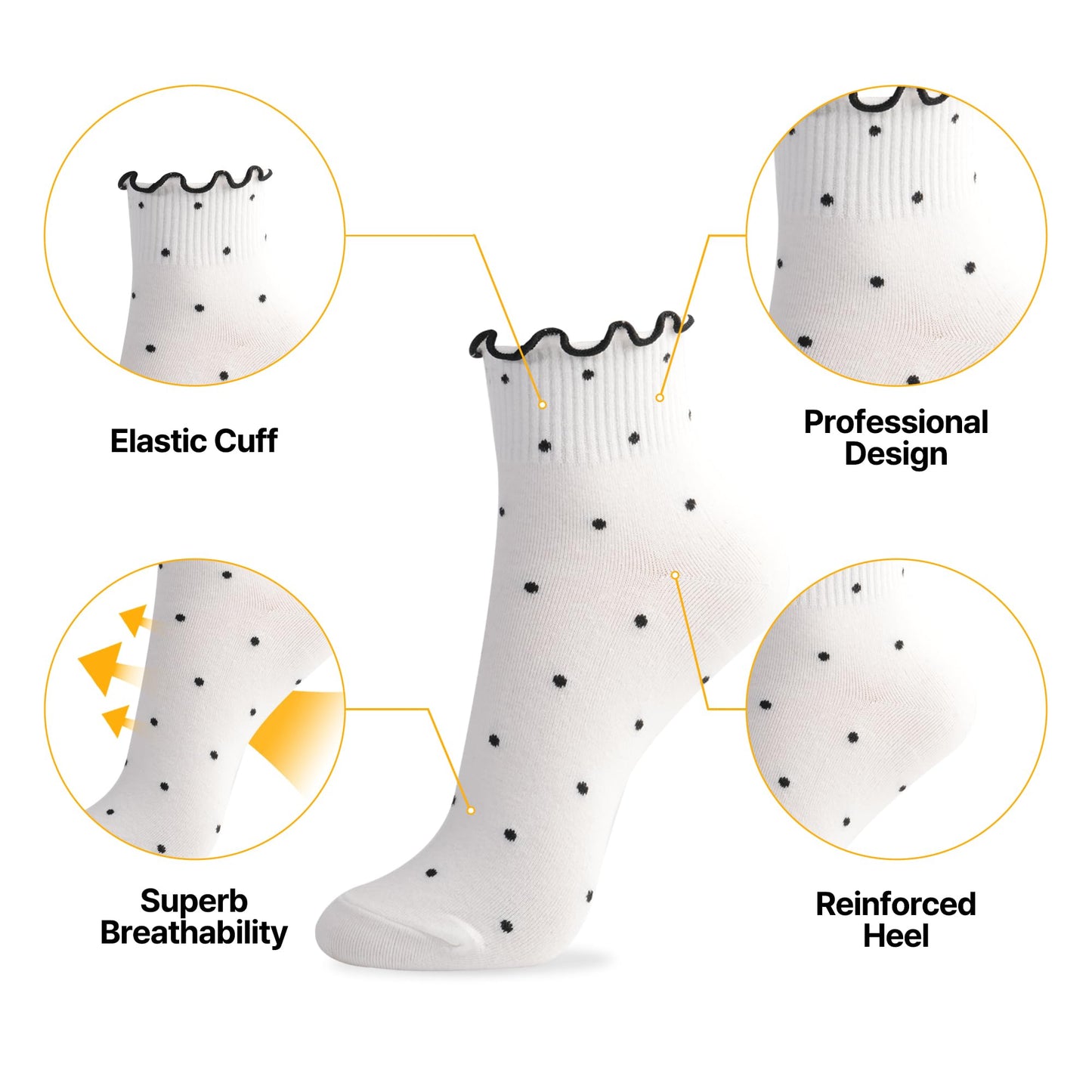 kikiya socks Women Cute Ankle | 5 Pairs Ruffle Design with Polka Dots Pattern Cute Frilly Lace Mid Cut Black White Gray Wine Navy Print Daily Cotton Socks | Womens Ladies Girls Gift | Ruffle Dot A