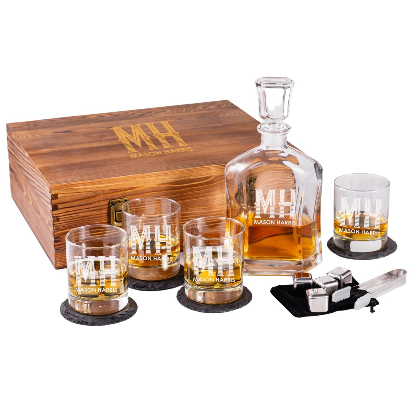 Personalized Whiskey Decanter Set for Men - 9 Design Options - Engraved Liquor Decanter Sets with Scotch Glasses - Gift Set for Him, Dad - Premium Set Includes Whiskey Stones - by Froolu Monogram
