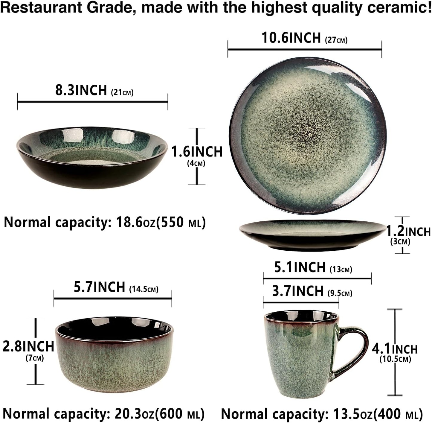 Dinnerware Sets(16Pcs) Serves for 4, Reactive Glaze Plates and Bowls Set with Mug,8.3"Salad Plate,10.6"dinner Plate,5.5"bowl, Modern kitchen tableware,Microwave safe, Set No.2