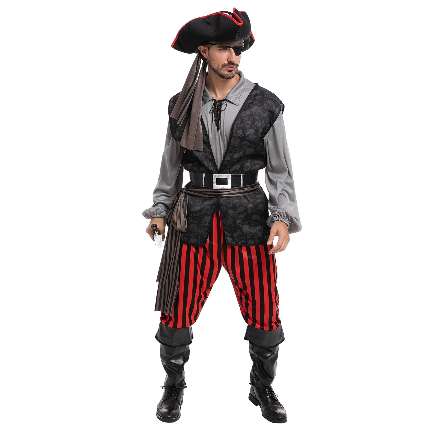 Spooktacular Creations Men Pirate Costume, Adult Grey Pirate Shirt Vest Viking Pants Hat Accessories Set for Halloween Themed Trick or Treating Cosplay Parties (X-Large)