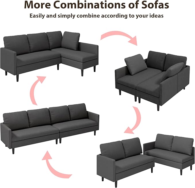 Gizoon 104''in 4 seat Sectional Sofa, Freely Configurable Sectional Couch, Convertible Modular Sofa, with Deeper Seat, Comfortable Fabric, Removable Armrest, for Living Room, Dark Grey