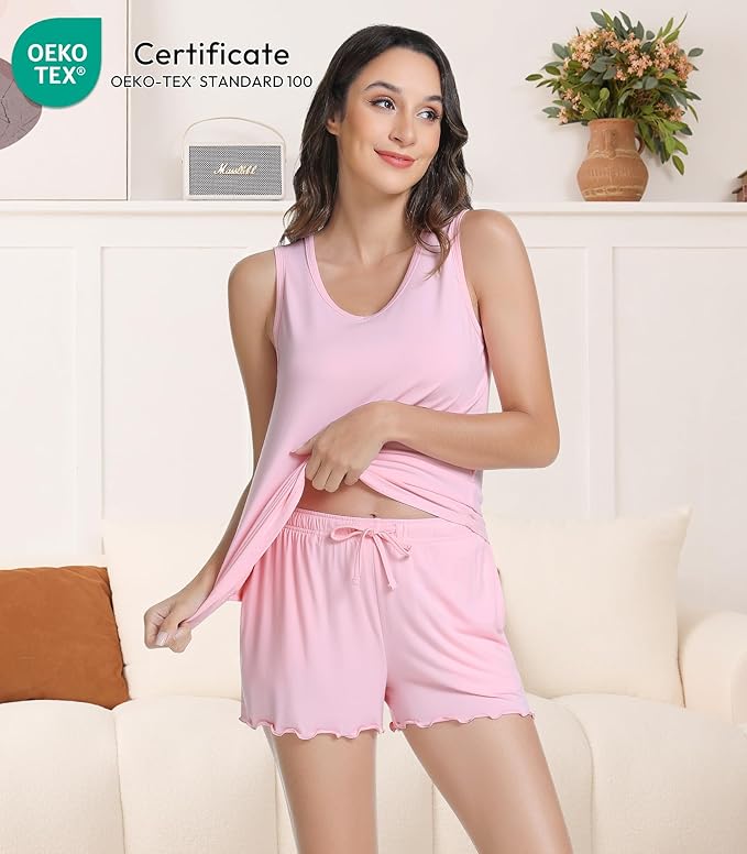 NACHILA Pajamas for Women-Viscose from Bamboo, Ribbed Racerback Tank Top Sexy Split Shorts Pajama Sets Cooling Sleep Cami Pjs