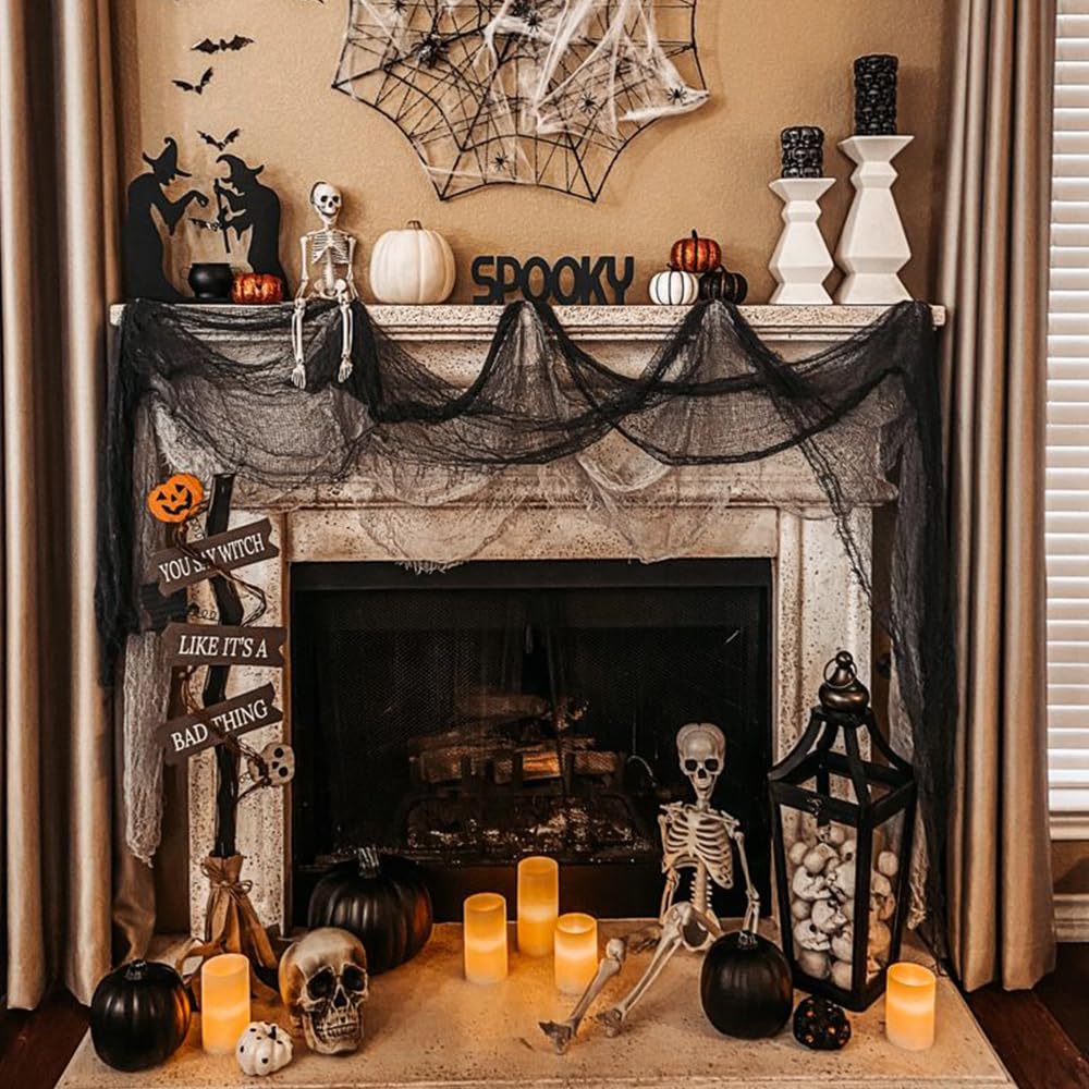 Vellibring 400" x 85" Halloween Creepy Cloth Decoration, Large Black Spooky Fabric Cloth Scary Gauze Cheesecloth for Haunted House Halloween Party Yard Wall Indoor Outdoor Decor