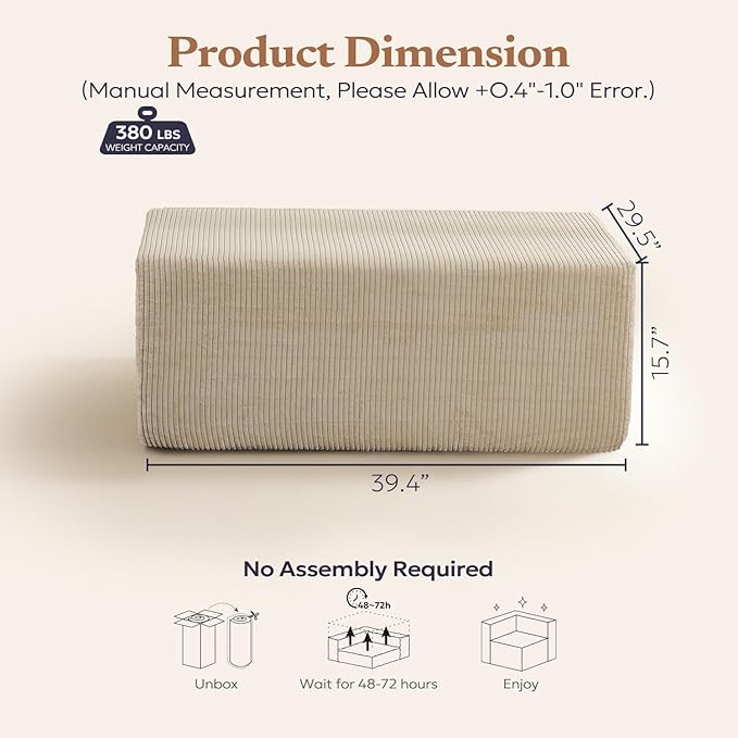 Furnify 40" Memory Foam Couch Footrest, Cloud Modular Sofa with Removable Cover, Upholstered Floor Sofa Ottoman, Upholstered Sofa for Bedroom Living Room, No Assembly Required (Corduroy Fabric, Beige)