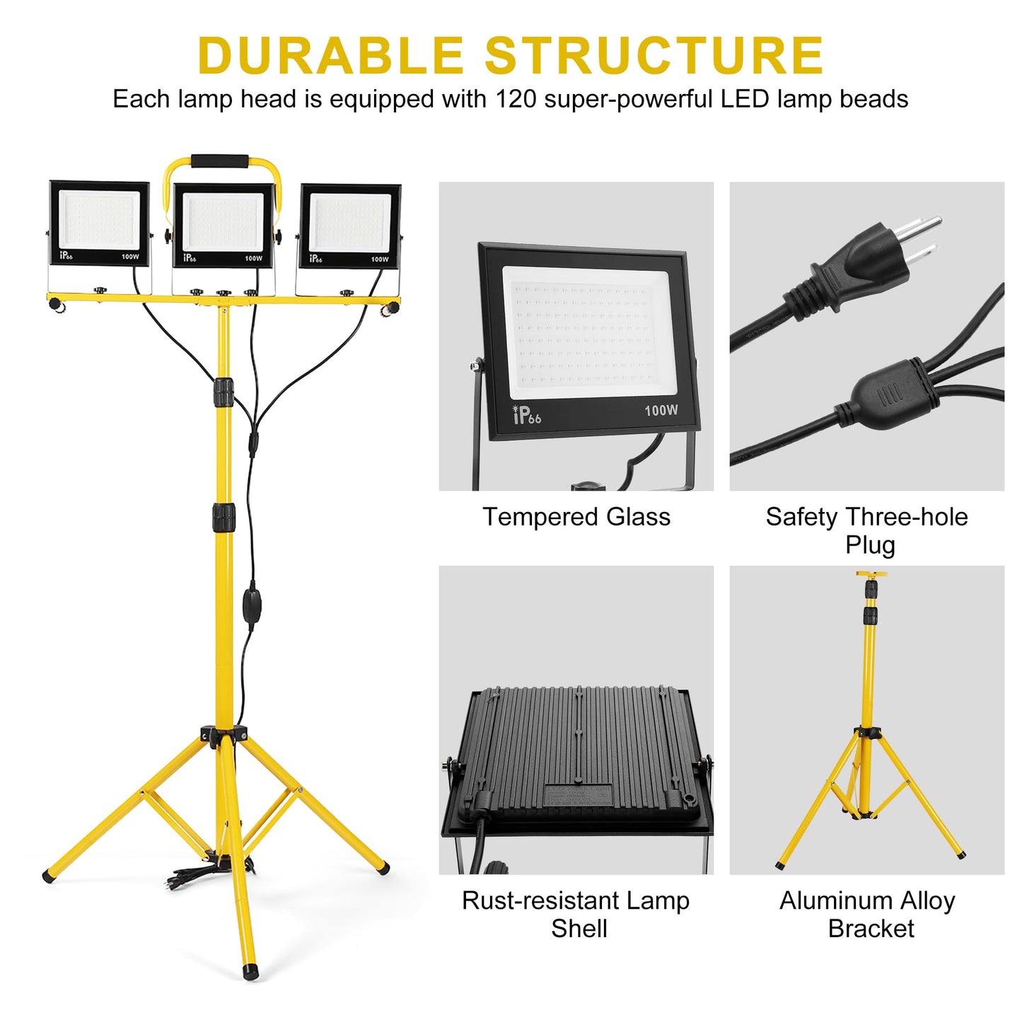 30000 Lumen Work Lights with Stand, 3 Adjustable Head LED Work Light, with Adjustable and Foldable Tripod Stand, Waterproof Lamp with 6500 Kelvin Color Temperature