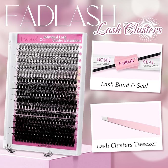 FADLASH Lash Extension Kit 20D+40D+50D Lash Clusters D Curl Lash Cluster Kit DIY Eyelash Extension Kit with Lash Bond and Seal Lash Tweezer Cluster Lashes (Kit, 20D+40D+50D-07D-Mix10-18)