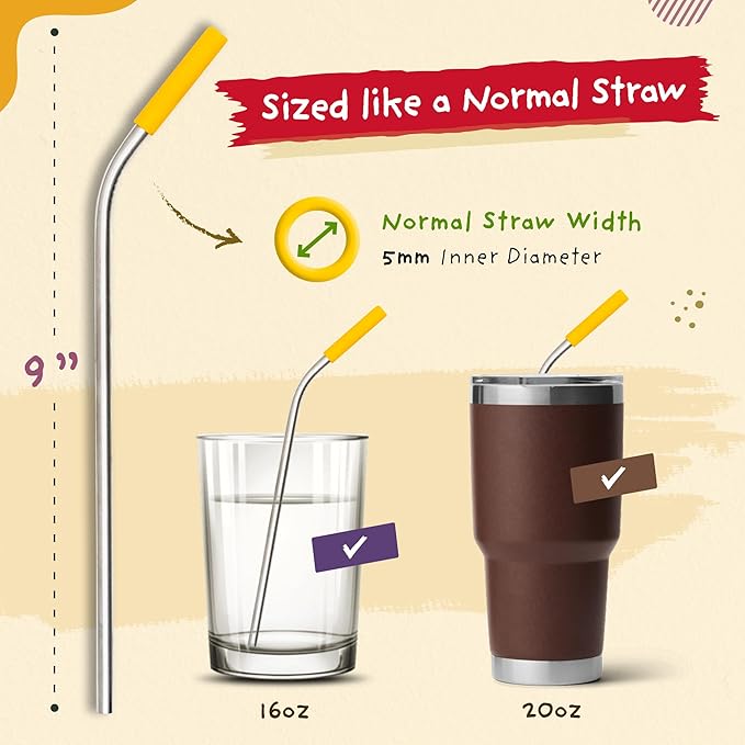 Premium Reusable Stainless Steel Drinking Straws With Silicone Tips + Patented Straw Cleaners and Carrying Case - 9” Long Metal With Curved Bend for 20/30/32oz Tumblers