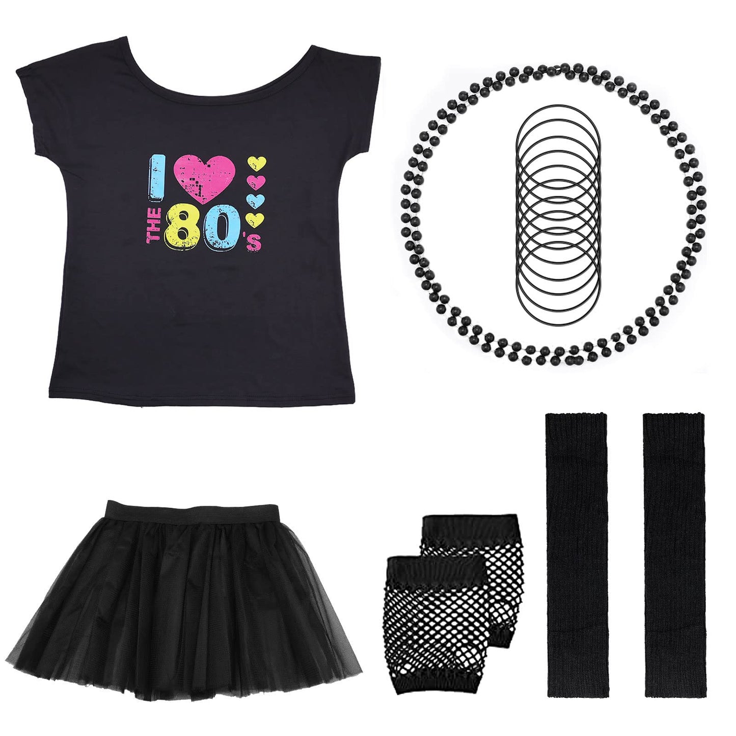 KINBOM 80s Costume Accessories Set, 80s Party Outfits Party T-shirt Tutu Skirt Leg Warmers 80s Accessories Kit for Retro Style Fancy Dress Party(XL)