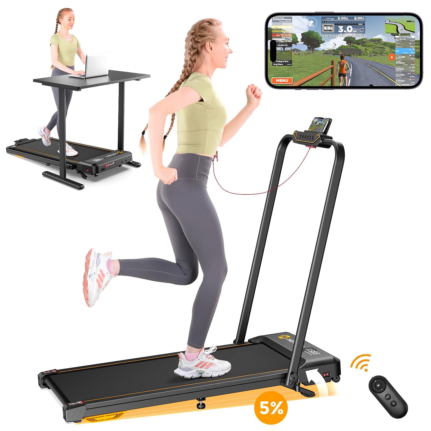 Hifast Walking Pad Treadmill, 3 in 1 Foldable Under Desk Treadmills for Home Office, Small Walking Pad with Incline Handle Bar, 300lbs Capacity 2.5HP Portable Running Machine with APP Remote Control