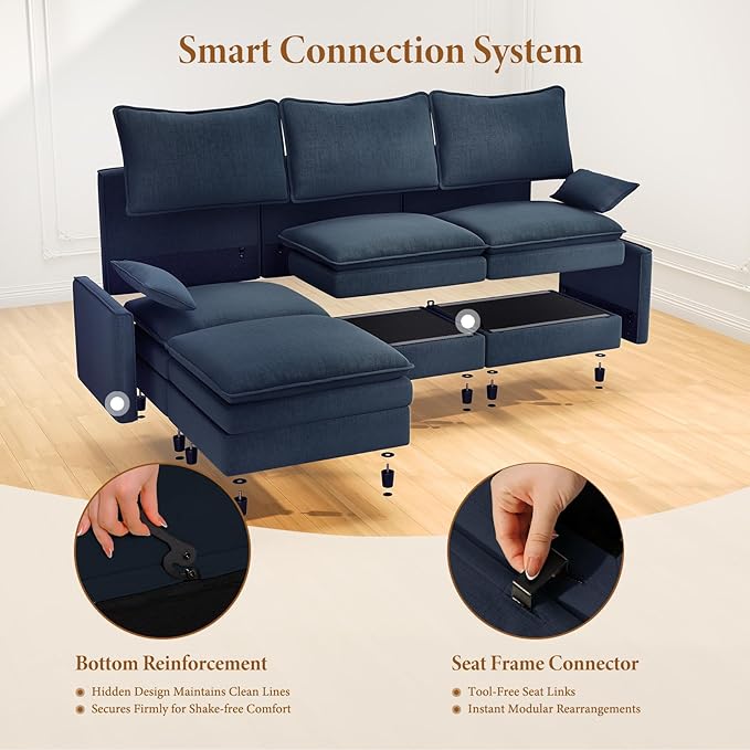 Vesgantti 101" V-Shaped Corner Couch Sectional, 7 Seat Customizable Modular Cloud Couches with Movable Ottoman, Chenille Deep Seat Sofa Set with Chaise for Living Room, Bedroom and Apartment, Blue