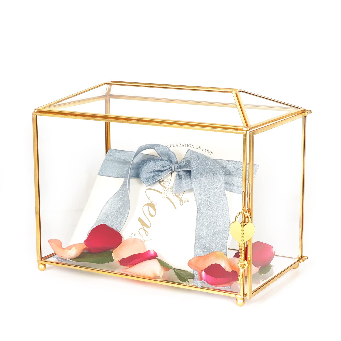 WHSLILR 12.6" Glass Card Box Wedding Card Box with Lock for Wedding Reception Cosmetic Home Decor, Handmade Large Geometric Terrarium with Hinged Lid, Brass Frame - (Golden/Roof)