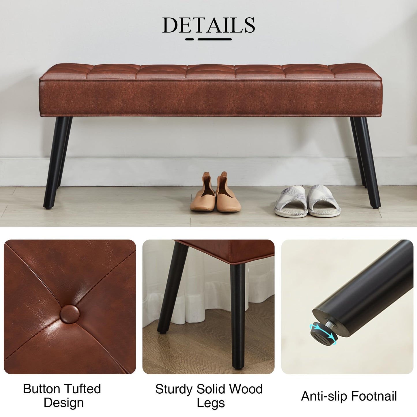 LOULENS 40'' PU Leather Tufted Ottoman Bench, Modern Upholstered End of Bed Bench, Waterproof Leather Entryway Bench with Wood Legs, Accent Footrest for Living Room, Brown