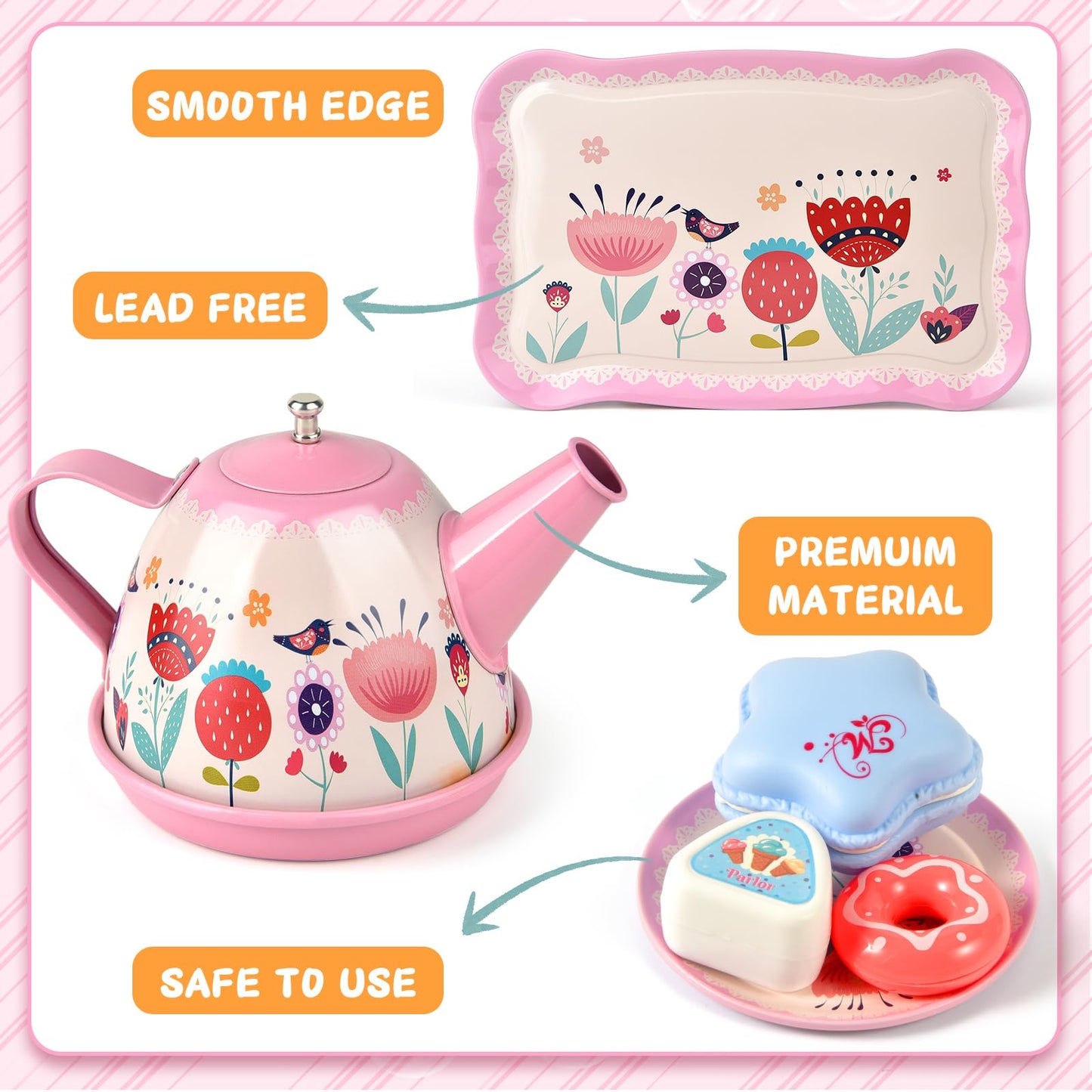 Tea Party Set for Little Girls, Flower Tea Set Toys for Girls Age 3 4 5 6 Year Old, Toddler Kids Kitchen Pretend Play Toys with Tin Tea Set, Cake Stand, for Girls