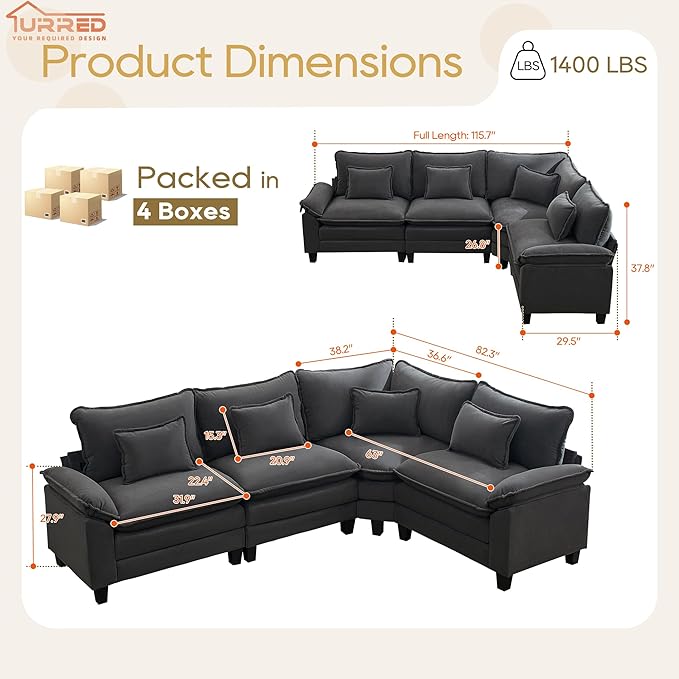 URRED Cloud Couch Modular Sectional Sofa, 116" Modern L Shaped Deep Seat Sofa with Pillows, Ultra Comfy Velvet Corner Couches for Living Room, Bedroom or Apartment, Dark Gray