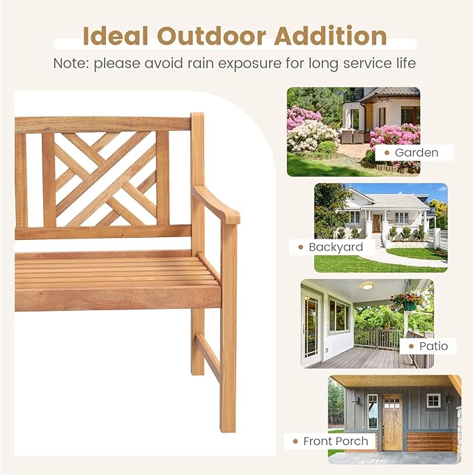 Tangkula Patio Acacia Wood Bench, 2-Person Outdoor Loveseat Chair, Cozy Armrest & Backrest, Sturdy Acacia Wood Frame, Outdoor Slatted Seating Bench for Backyard, Garden, 800 lbs Max Load