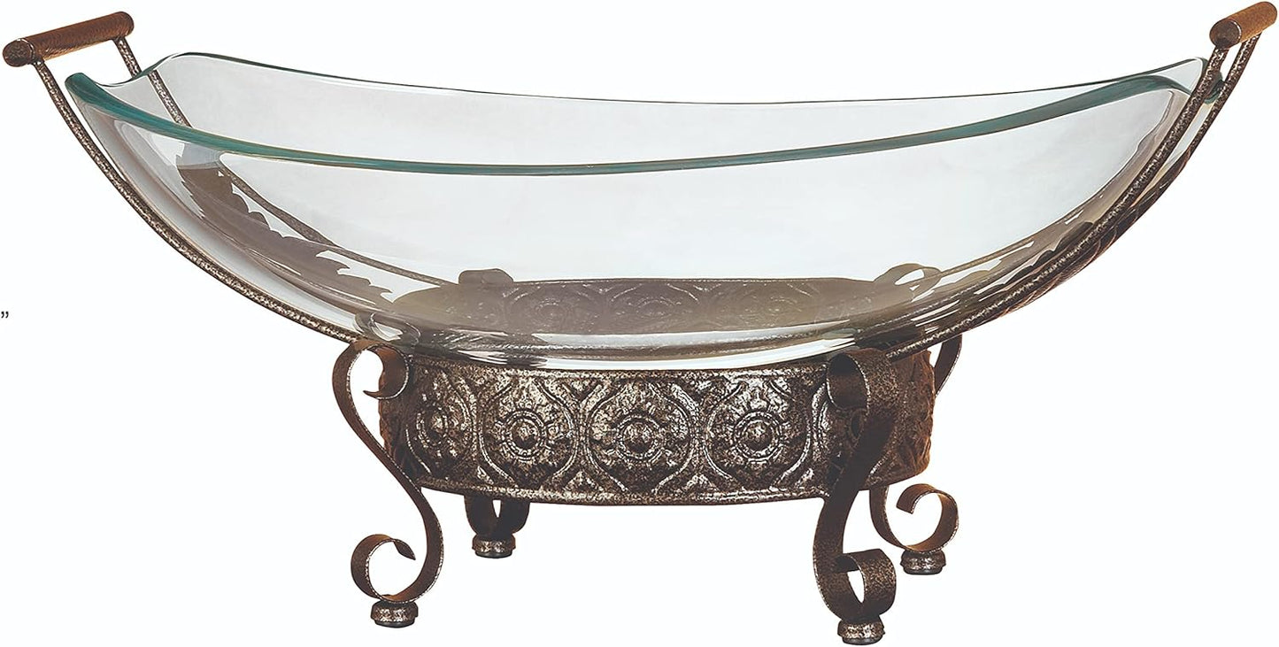 Deco 79 Tempered Glass Kitchen Serving Bowl with Brown Metal Scroll Base, 23" x 14" x 10", Clear, SMALL SIZE