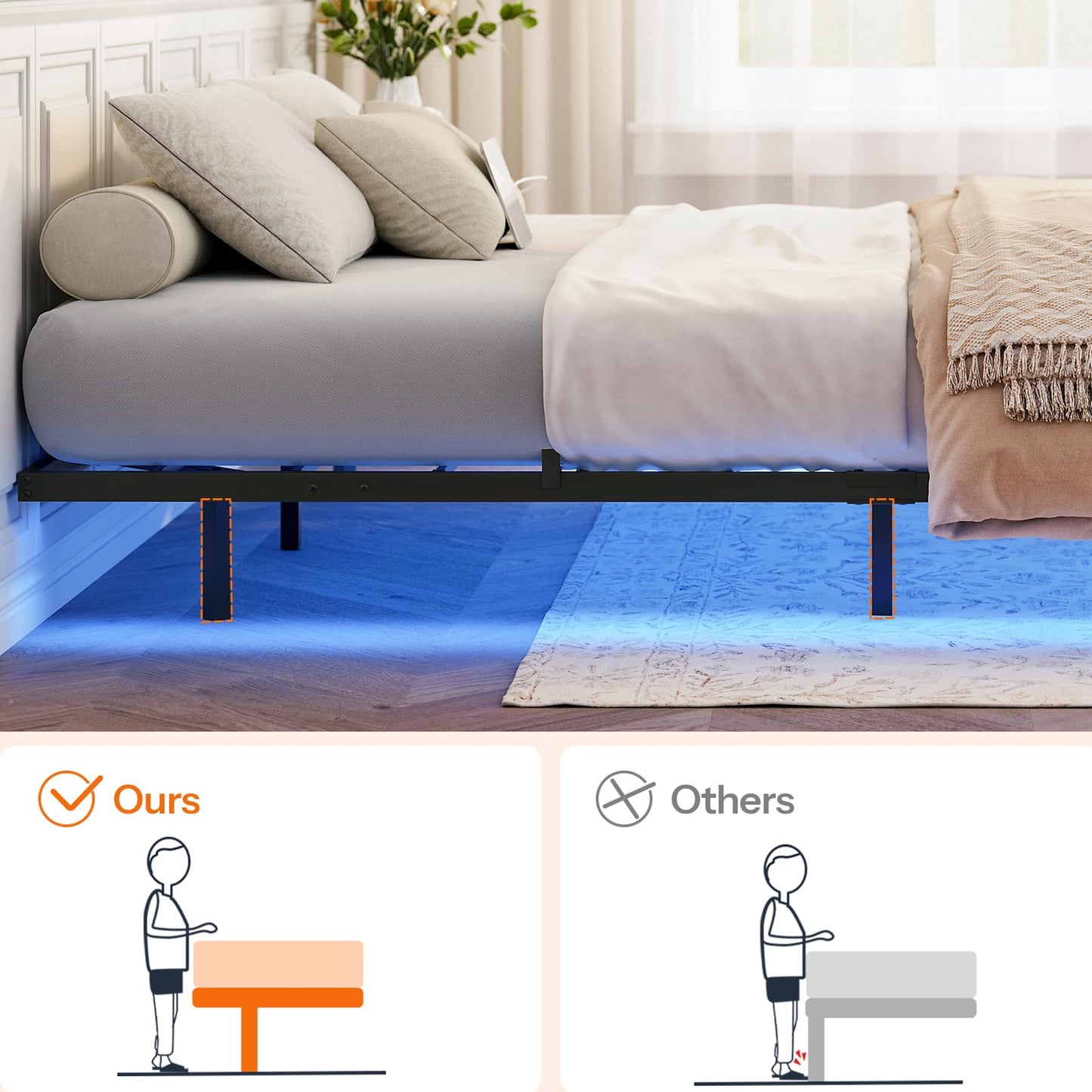 HOOBRO Floating Bed Frame King Size, Bed Frame with Charging Station and LED Lights, Industrial Style Metal Platform King Bed, Soundless, No Box Springs Needed, Black