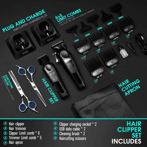 DSP Professional Hair Clippers Set for Men, Cordless Barber Clipper Beard Trimmer DLC, USB Rechargeable, Speeds Adjustable, Travel Lock, Low Noise with Charging Base