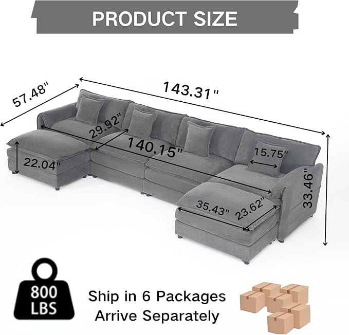 RENDGO 143" Modular Sectional Sofa, Chenille Cloud Couch for Living Rooms & Apartment, Deep Seat Comfort, Flexible U-Shape Combination Sofa for Family Guest Rooms,2 Ottoman,Grey