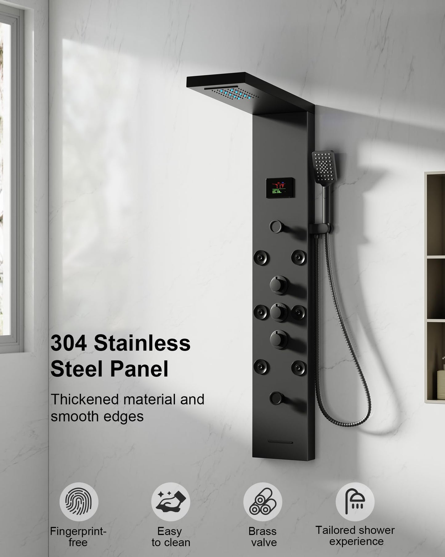 5 In 1 Shower Panel Tower System LED Rain Waterfall Shower Head and Adjustable Massage Body Jets 3 Settings Handheld Head and Tub Spout Stainless Steel Bathroom Panel Matte Black by Homevacious