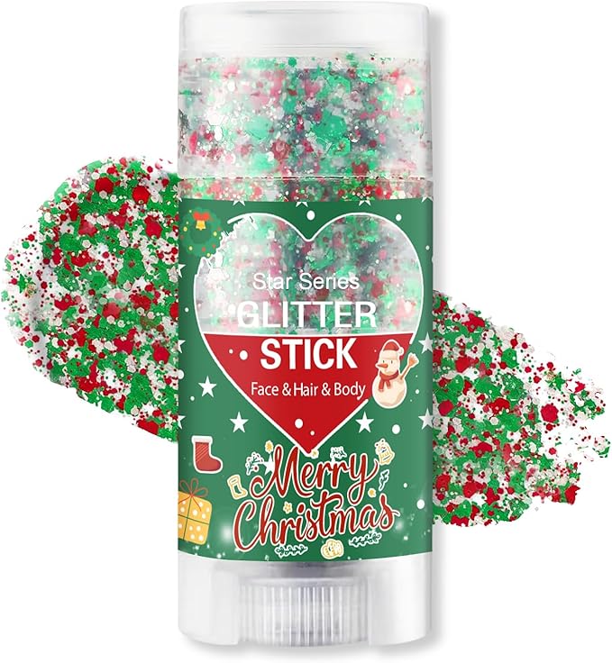 Christmas Body Glitter Stick, Waterproof Halloween Face Glitter Gel, Chunky Glitter Face Paint, Green Red White Sequin Hai...