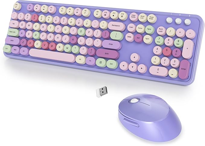 Wireless Keyboard and Mouse Set, Retro Typewriter 2.4GHz Full Size 104-Key Cute Colorful Keyboard with Number Pad Round Keycaps for Windows PC Laptop(Colorful Purple)