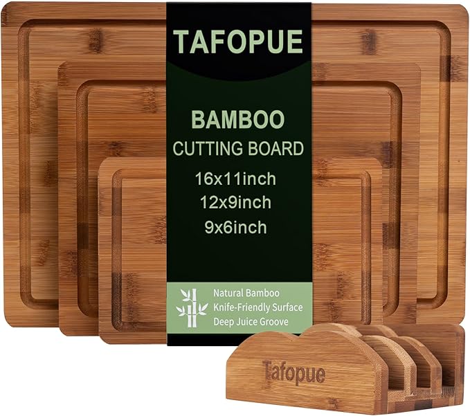 Tafopue Cutting Board Set with Holder, Space Saving Kitchen Bamboo Chopping Boards, Build in Juice Groove and Grip Handle,...