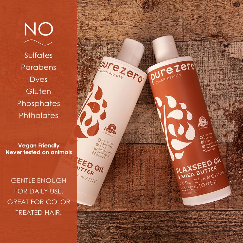 Purezero Flaxseed Oil & Shea Butter Shampoo and Conditioner Set - Curl Care - For Curly Hair Detangle & Defrizz - Zero Sulfates/