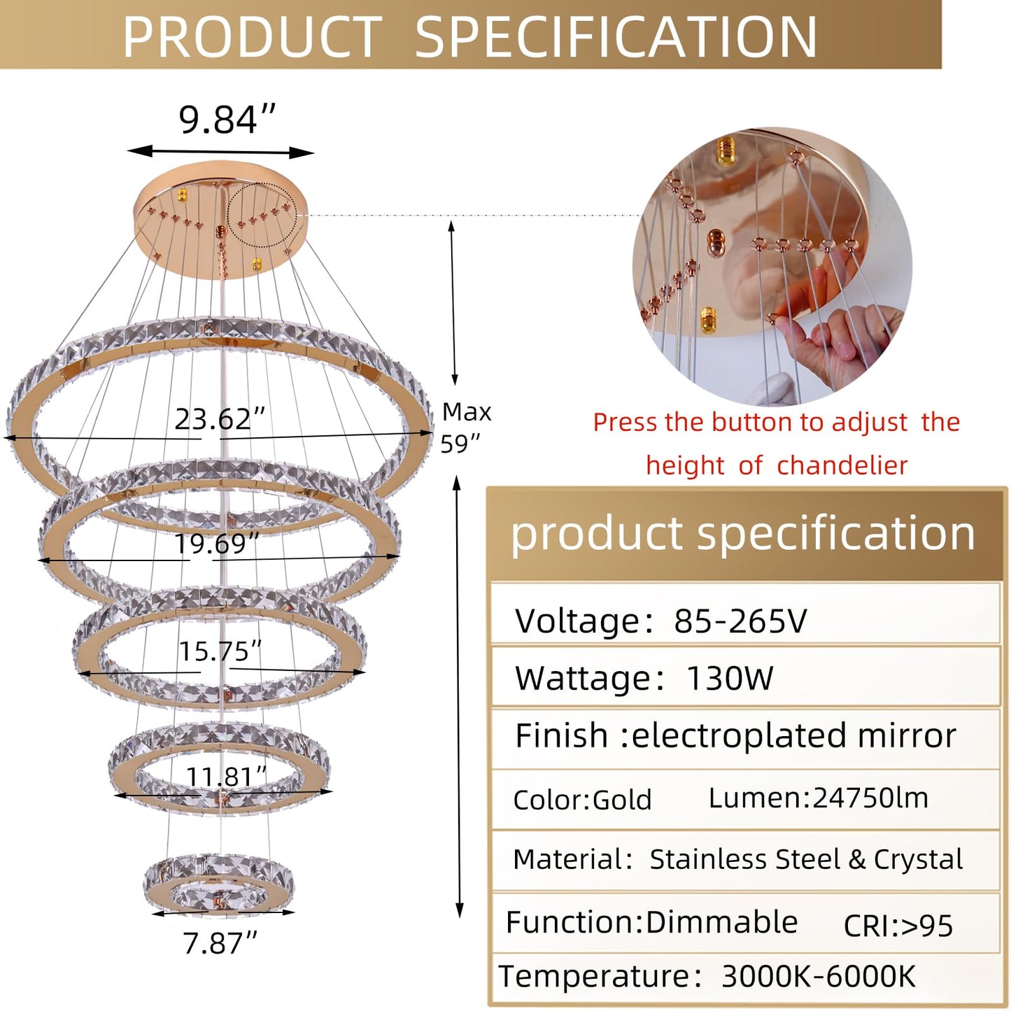 KKMYWAN Modern Crystal Chandelier Dimmable 5 Rings LED Gold Chandelier Linear Chandelier Dining Room Light Fixture with Remote for Entryway, Bedroom,Living Room and Foyer