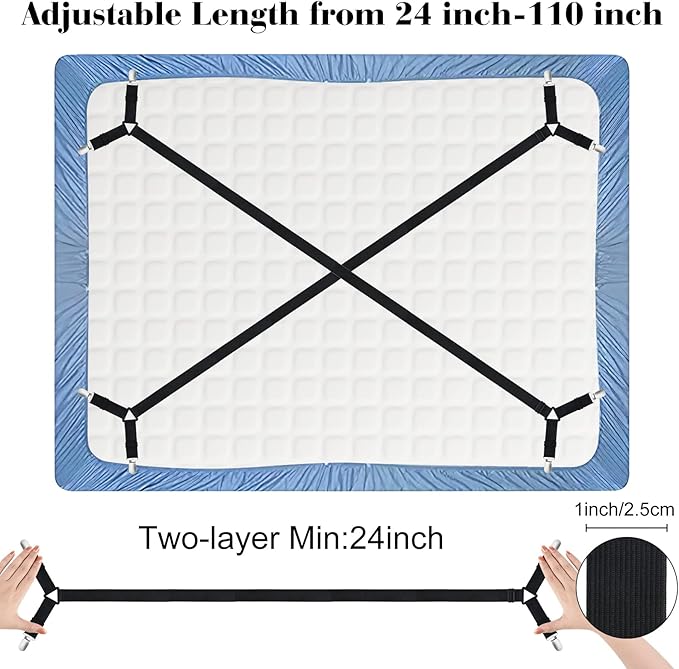 Morcheiong Bed Sheet Fasteners Straps Adjustable Bed Sheet Holder Bands with Sheet Clips for Bedding Stays Bedsheet Tie Downs, Set of 2