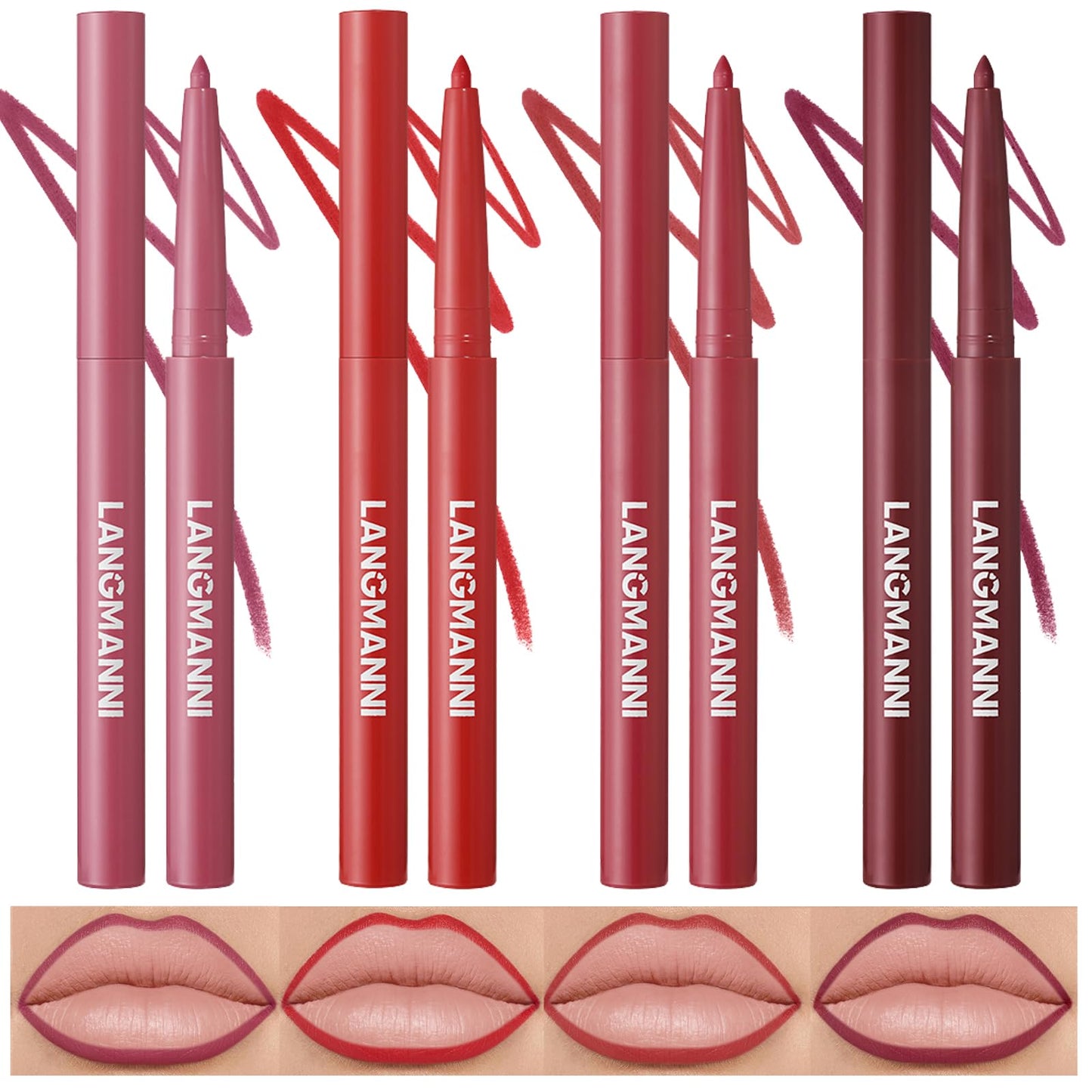 LANGMANNI 4Pcs Sculpting Matte Velvet Lip Liner Set,Smooth Creamy Texture,Waterproof And High Pigmented For Girls Daily Applicat