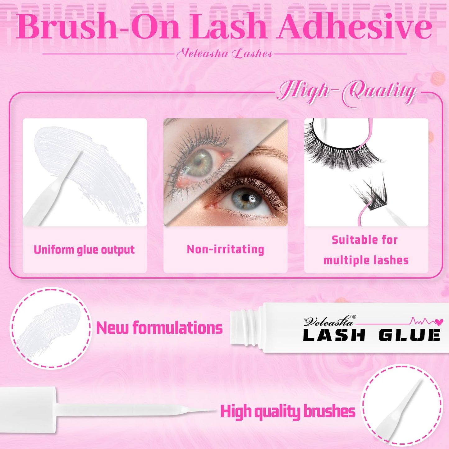 Veleasha Lash Glue Waterproof Clean Lashes Adhesive Super Hold Eyelash Glue with Brush Non-Irritating Long Lasting Lash Bond for