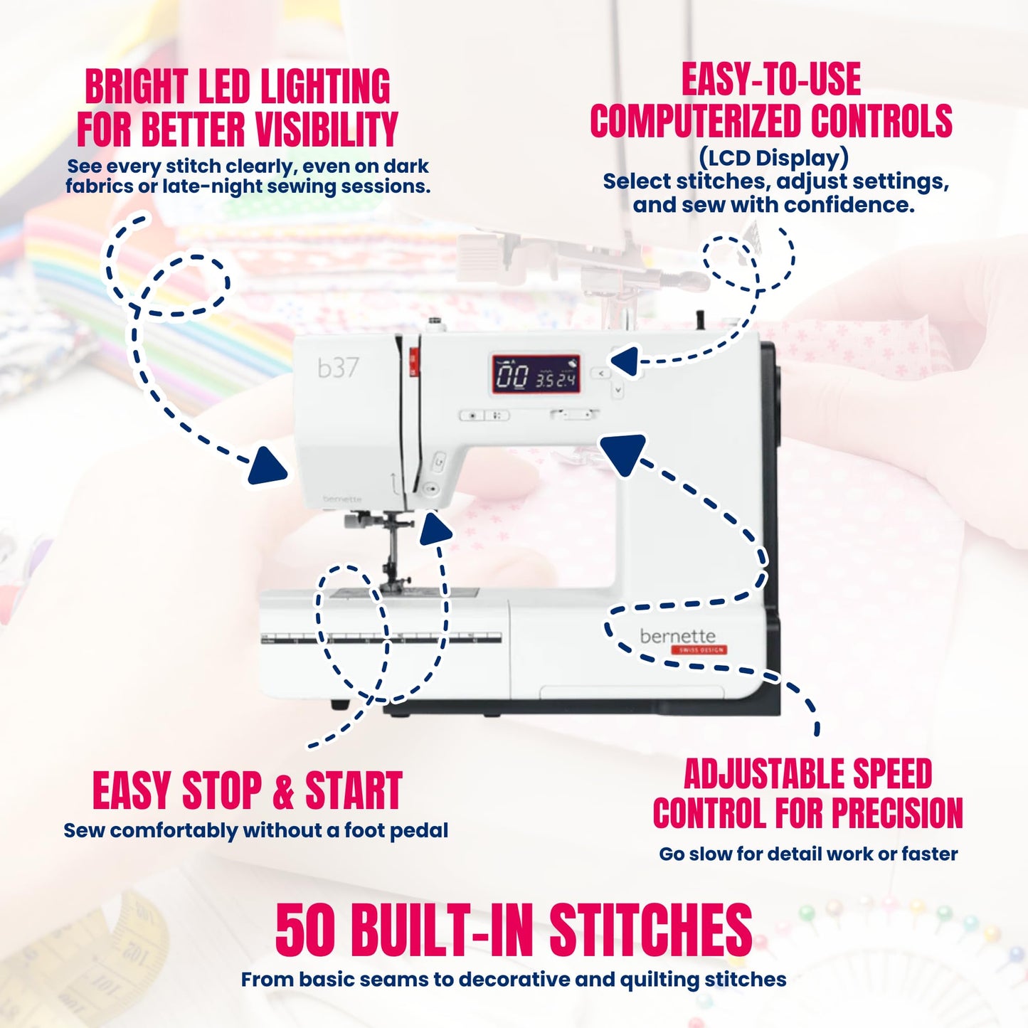 Bernette B37 Computerized Sewing Machine with 50 Stitches, LCD Display, 7mm Stitch Width Includes TopStitch Carrying Tote Bag