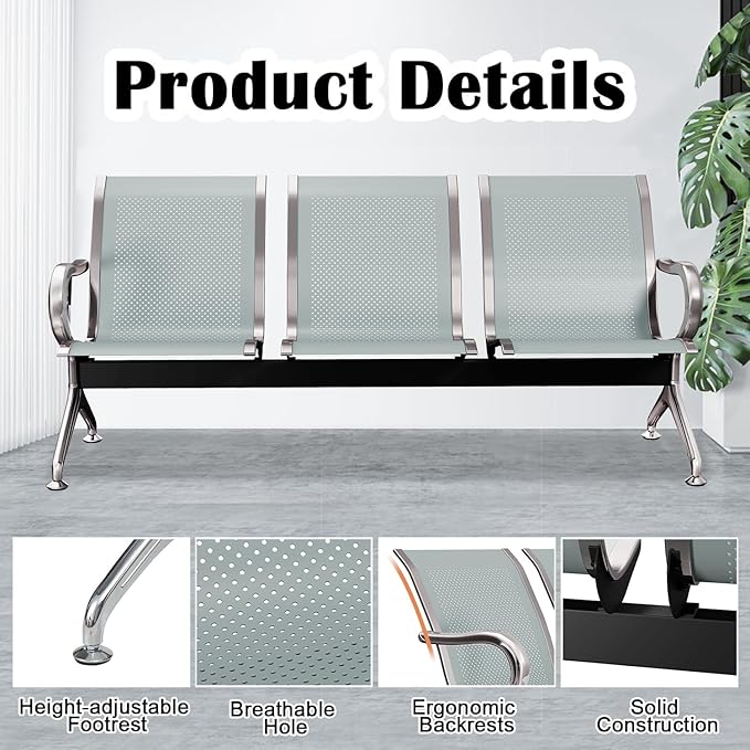 Kinsuite 2Pcs Waiting Room Chairs - 3-Seat Airport Reception Chairs Reception Bench Office Guest Chairs & Reception Chairs for Office Business Bank Hospital, Silver