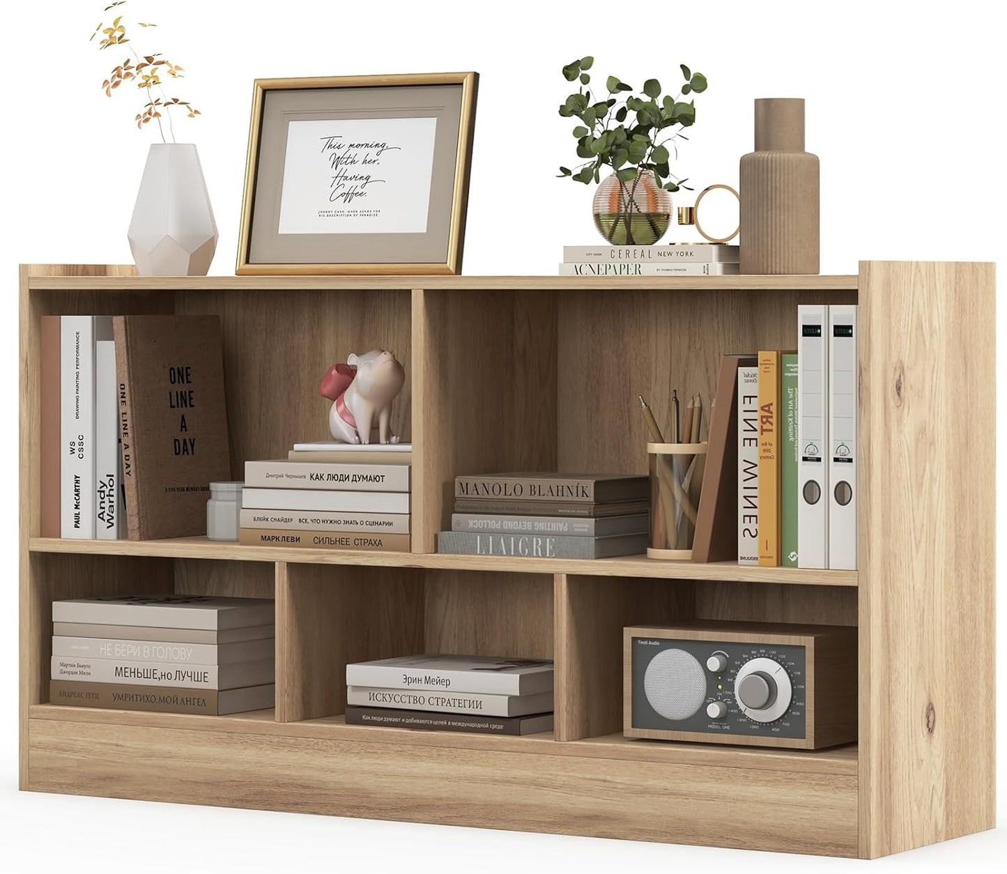 LOKO 2 Tier 5 Cube Bookcase, Open Shelf Storage Cabinet, Wooden Display Cabinet Shelf, Multipurpose Bookshelf for Living Room, Bedroom, Hallway, Home Office, Classroom (Natural)