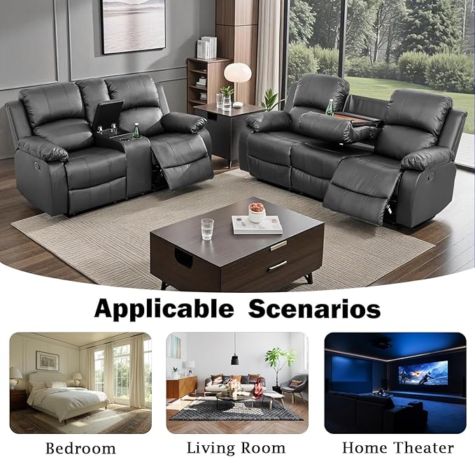 Caberryne Leather Recliner Sofa Set, 2 Pieces, Black, Modern Style, for Living Room/Office/Theater Seating