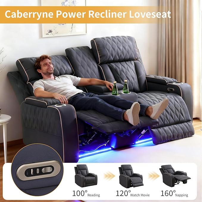 Caberryne Power Recliner Sofa with LED Lights,Suede Leather Reclining Loveseat with Double Recliner/USB Port/Storage Console/Cup Holder for House/Home Theater(2 Seater Loveseat,Navy)