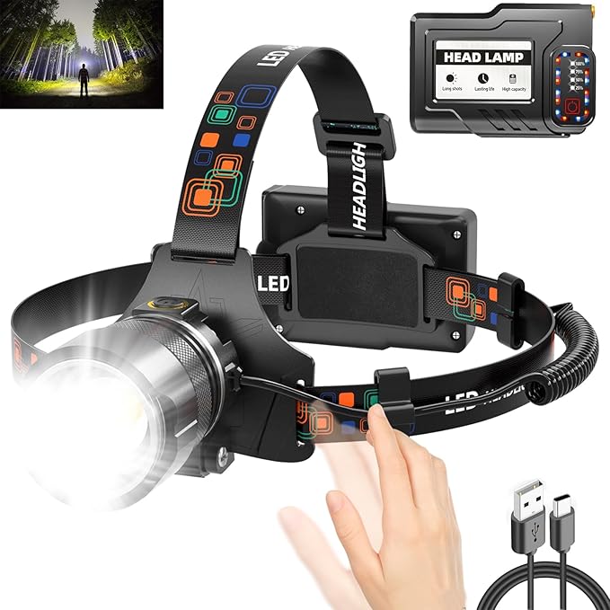 Headlamp Rechargeable,900000LM Super Bright Led Head Lamp With Motion Sensor,10 Modes,125°Adjustable Head Lights for Foreh...