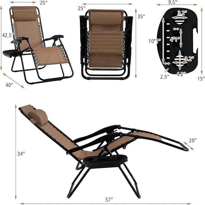 Tangkula Zero Gravity Chair, Folding Patio Lounge Chair Adjustable Outdoor Recliner with Cup Holder, Wide Armrest for Patio Garden Poolside Outdoor Yard Beach, Support 350 lbs (1, Light Brown)
