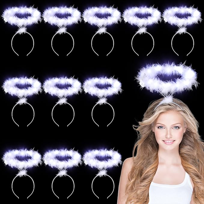 Seematn 12 Pcs Christmas Light up Headband Angel Headband Feather Angel Headpiece Angel Costume Accessories with 9 LED Lig...